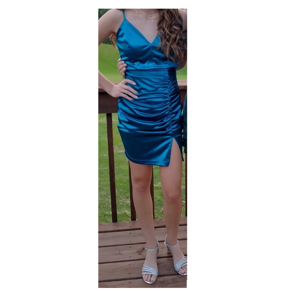 Honey and Rosie Spaghetti Strap V-Neck Ruched Satin Bodycon Dress - Picture 2 of 11